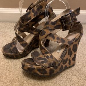 Jimmy Choo Suede Animal Print Cross Strap Wedge Platform Sandals
